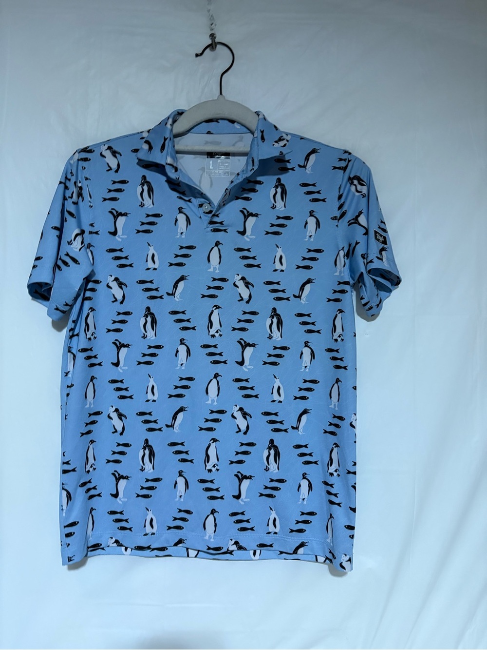 Waggle Light Blue Penguin-Print Short Sleeve Polo Top